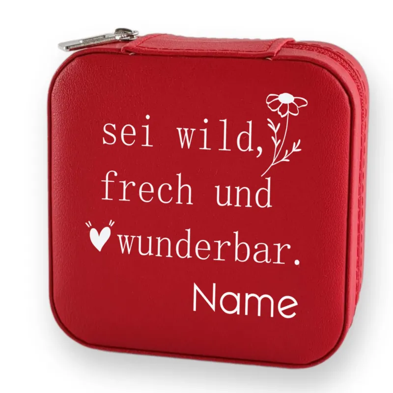 Rote Tasche mit Spruch: "sei wild, frech und wunderbar."