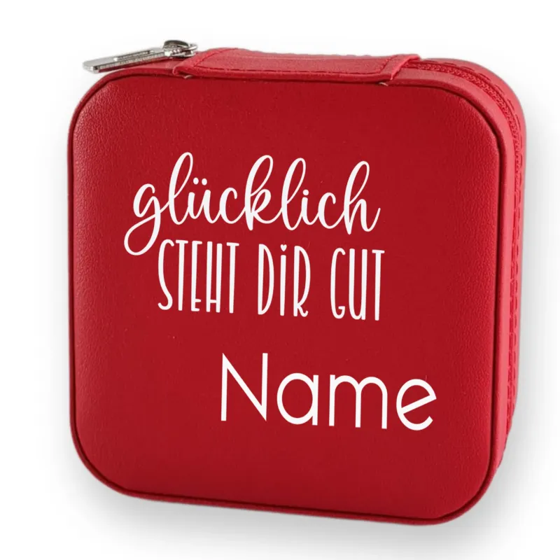 Rote Tasche mit dem Text "glücklich steht dir gut" und "Name".