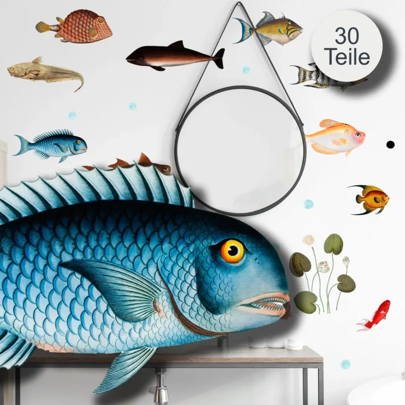 Wandtattoo mit bunten Fischen und Wasserpflanzen über Badewanne
