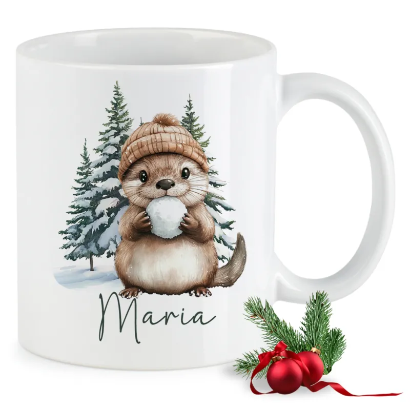 Weiße Tasse mit süßem Otter und Weihnachtsmotiv.