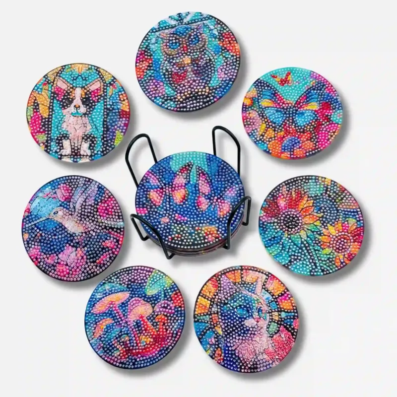 Diamond Painting Untersetzer Set Bunte Tierwelt mit glitzernden Steinchen und Halterung