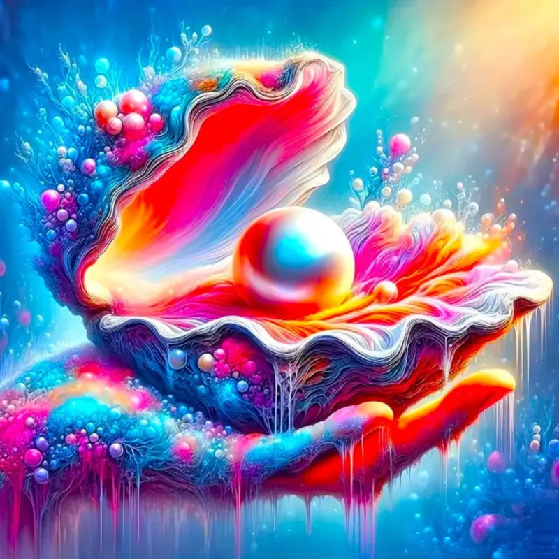 Buntes Diamond Painting Set Zauber des Meeres mit glitzernder Muschel und Perle in leuchtenden Farben zum Selberbasteln