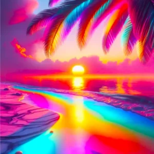 Diamond Painting Set Zauberstrand mit bunter Palme, leuchtendem Sonnenuntergang am Meer und glitzernden Details