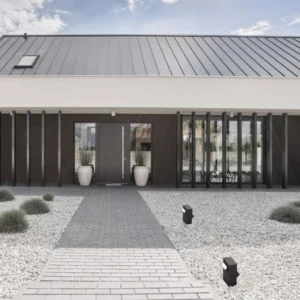 Zelda LED Außenwegeleuchte 2-flammig 3000K Schwarz IP65 am modernen Gartenweg vor dem Haus