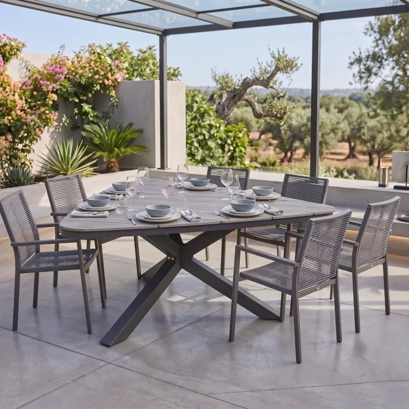 Aluminium / Nonwood Esstisch Volterra Grey mit 6 Rope Stapelsesseln Zoe in grau – Stilvolles Outdoor-Set für 6 Personen
