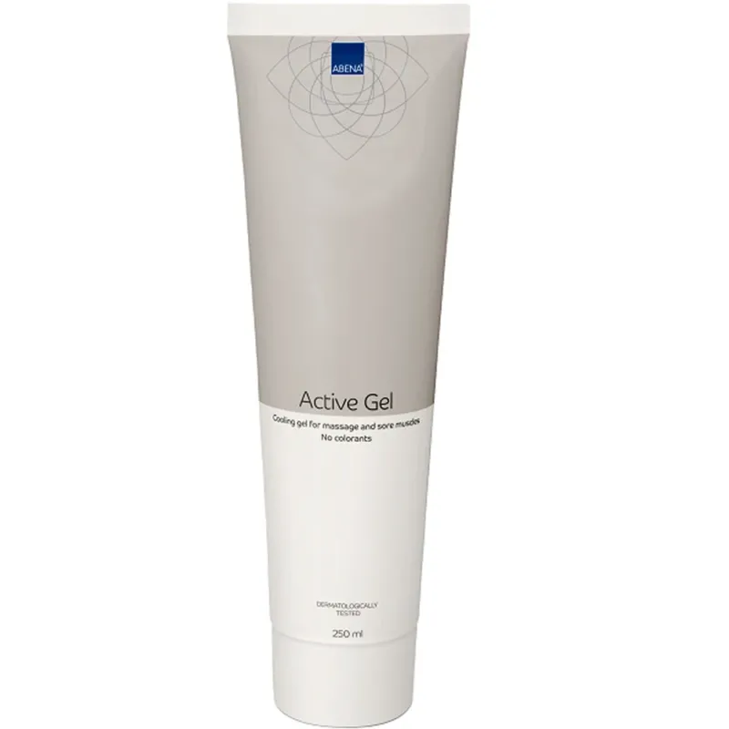 Tube mit Abena Active Gel in 250 ml, eine durchsichtige Verpackung, die das Produkt sichtbar macht. Das Gel hat eine klare, gelartige Konsistenz und eine leichte, frische Farbe. Auf der Vorderseite des Tubes sind der Markenname "Abena" und die Produktbezeichnung "Active Gel" in gut leserlicher Schrift abgebildet. Das Design ist modern, mit einem hygienischen Spendenkopf oben. Der Hintergrund des Bildes ist neutral, was die Aufmerksamkeit auf das Produkt lenkt.
