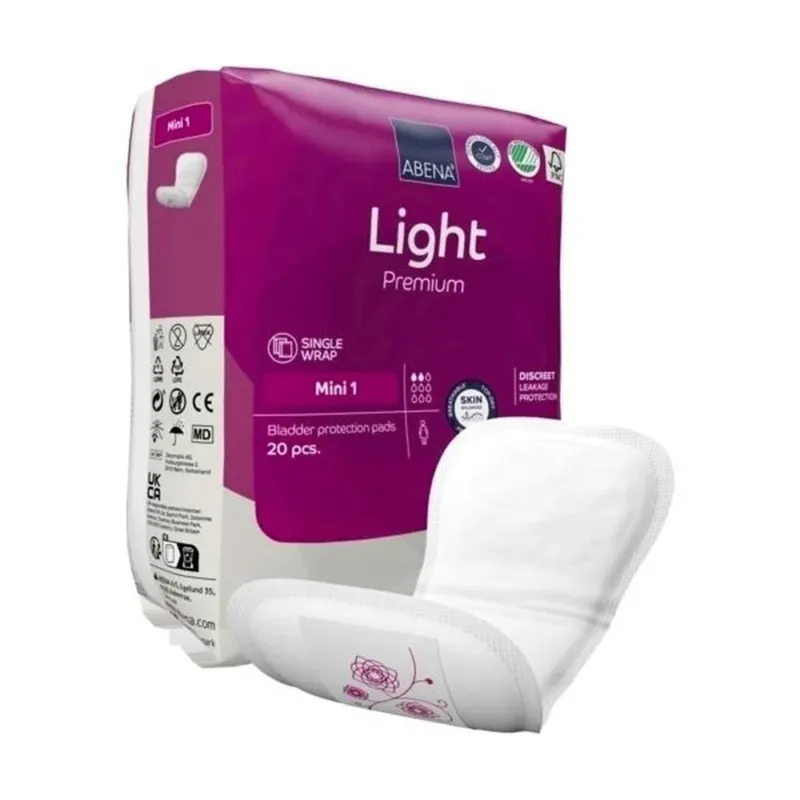 Abbildung einer Abena Light Mini Inkontinenzeinlage, die auf einem weißen Hintergrund präsentiert wird. Die Einlage hat eine kompakte, ovale Form und ist in einem sanften Hellblau gehalten. Sie zeigt eine dünne, flexible Struktur, die für diskreten Schutz sorgt. In der oberen linken Ecke ist das Logo von Abena zu sehen, und auf der Verpackung sind Informationen zu Größe und Saugstärke aufgedruckt.