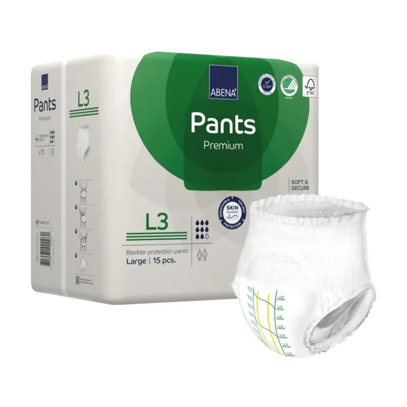 Hochwertige Abena Premium Pants der Größe L3 in einer transparenten Verpackung. Die Unterwäsche ist in einem modernen Design gehalten, zeigt eine helle Farbkombination und hat elastische Bündchen für einen bequemen Sitz. Auf der Verpackung sind Produktinformationen sowie eine Darstellung der Hosen zu sehen. Diese Inkontinenzhosen bieten einen hohen Tragekomfort sowie effektiven Schutz und sind für aktive Nutzer gedacht.