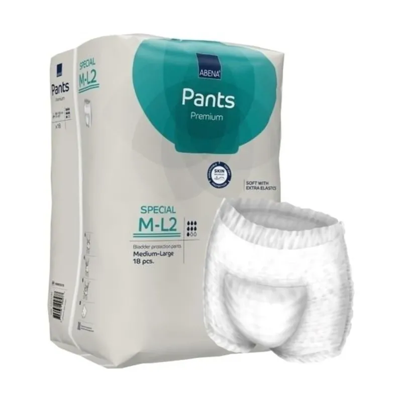 Abena Pants Premium Größe M/L sind auf dem Bild abgebildet. Die Packung zeigt einen praktischen und modernen Designansatz mit klaren Produktinformationen und einem ansprechenden Farbkonzept in Blau und Weiß. Auf der Vorderseite sind die Hauptmerkmale hervorgehoben, darunter hohe Saugfähigkeit, atmungsaktives Material und Komfort. Die Packung enthält mehrere Einheiten der Inkontinenzhosen, die für Selbstständige oder pflegebedürftige Personen geeignet sind.