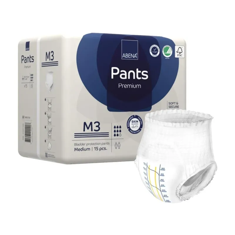 Hochwertige Abena Pants Premium in Größe M3, abgebildet auf einem neutralen Hintergrund. Die Inkontinenzhosen wirken weich und elastisch, mit einem angenehmen, festen Sitz. Die Vorderseite der Hose ist gut sichtbar, zeigt die aufgedruckte Größenspezifikation und das Logo von Abena. Die Hosen sind in einem hellen Farbton gehalten, was auf hohe Qualität und Komfort hinweist. Die seitlichen Ränder sind elastisch, was eine einfache Anbringung und angenehme Passform unterstützt.