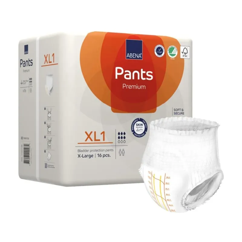 Das Bild zeigt eine Verpackung von Abena Premium Pants in Größe XL. Die Verpackung ist hauptsächlich in Weiß und Blau gehalten und präsentiert die charakteristischen Abena-Designmerkmale. Auf der Vorderseite sind der Markenname "Abena" und die Produkttypbezeichnung "Premium Pants" deutlich zu lesen. Es sind auch Piktogramme abgebildet, die auf die Eigenschaften der Pants hinweisen, wie Saugfähigkeit und Bequemlichkeit.