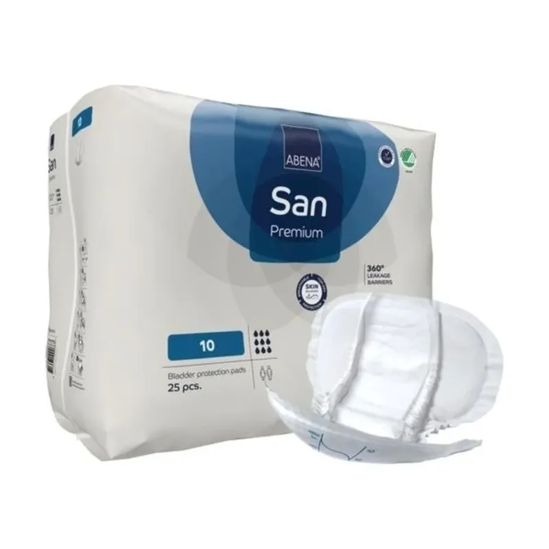 Ein Paket mit Abena San Premium GR 10 Einlagen liegt auf einer weißen Unterlage. Die Einlagen sind in einer transparenten Plastikhülle sichtbar, die das Produkt schützt und gleichzeitig die Gestaltung zeigt. Auf der Vorderseite der Verpackung sind verschiedene Informationen in mehreren Sprachen gedruckt, darunter der Produkttitel, Eigenschaften und Hinweise zur Anwendung. Das Design ist überwiegend in sanften Farben gehalten, was dem Produkt eine freundliche und hygienische Ausstrahlung verleiht.