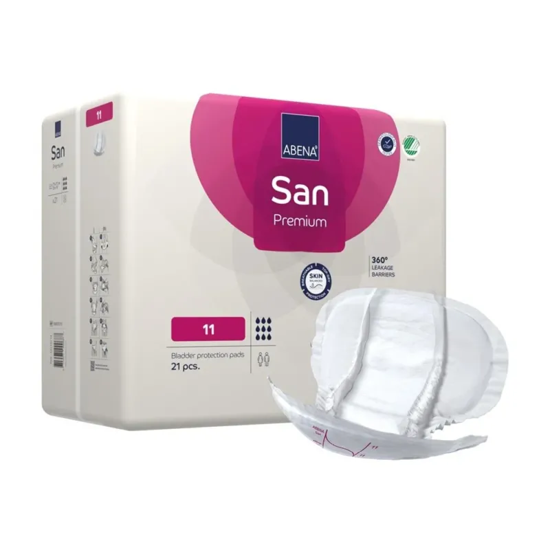 Ein Paket mit Abena San Premium Einlagen der Größe 11 ist abgebildet. Die Vorderseite des Pakets zeigt das Produktdesign, das in sanften Farbnuancen gehalten ist und klare, moderne Schriftzüge enthält. Die Einlagen sind optimal für hohe Absorption ausgelegt und bieten zusätzlichen Schutz. Eine transparente Sichtfläche ermöglicht es, die Einlagen zu erkennen. Das Produkt richtet sich an Menschen mit Inkontinenz und legt Wert auf Komfort sowie Hautfreundlichkeit.