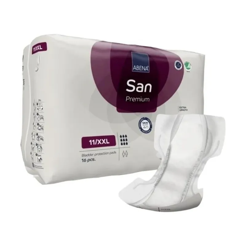 Abena San Premium GR 11 XXL Einlagen in Originalverpackung. Die Einlagen sind in einer großen, transparenten Plastiktüte verpackt. Auf der Vorderseite der Tüte ist das Produklogo deutlich sichtbar, zusammen mit Details zur Saugstärke und Größe. Die Tüte zeigt auch Grafiken zur Anwendung und Eigenschaften der Einlagen. Die Einlagen selbst sind in Weiß dargestellt, wobei ihre zweilagige Struktur und der weiche, atmungsaktive Material sichtbar sind.