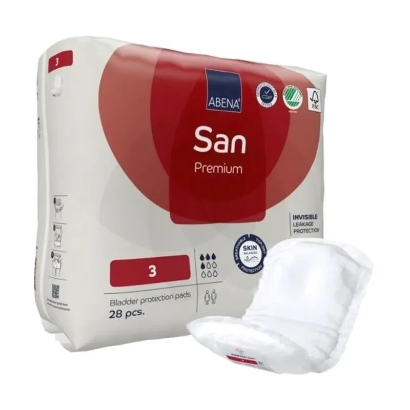 Für das Bild eines Abena San Premium GR 3 Einlageprodukts: Die Darstellung zeigt eine packungsweise Anordnung von mehreren Einlagen in einer klaren, transparenten Verpackung. Die Einlagen sind weiß, mit einer glatten Oberfläche und weichen Kanten, die ein hohes Maß an Komfort und Diskretion versprechen. Auf der Verpackung sind sowohl das Markenzeichen von Abena als auch die Produktbezeichnung sowie Hinweise zur Verwendung abgedruckt.