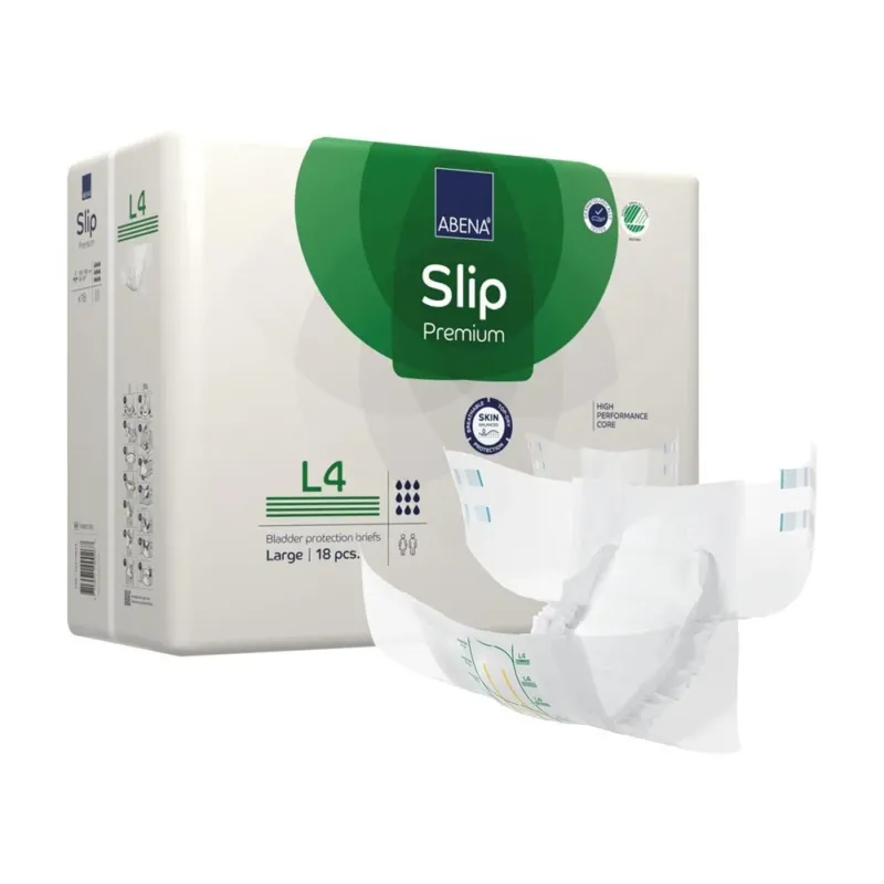 Abena Slip Premium L4 in einem hochwertigen Produktbild, das eine Packung von Inkontinenzslips zeigt. Die Verpackung ist überwiegend in Blau und Weiß gehalten und zeigt deutlich die Produktbezeichnung sowie die Größe L4. Auf der Vorderseite sind auch Hinweise zur Saugstärke und dem Komfort des Produkts abgebildet. Im Hintergrund ist ein sanftes Licht zu sehen, das die Verpackung hervorhebt und eine saubere, hygienische Atmosphäre schafft.