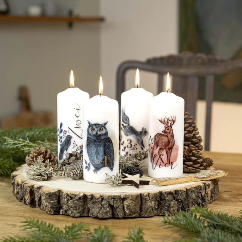 Adventskerzen mit Zahlen Set Wintertiere mit Eule, Vogel, Fuchs und Hirsch