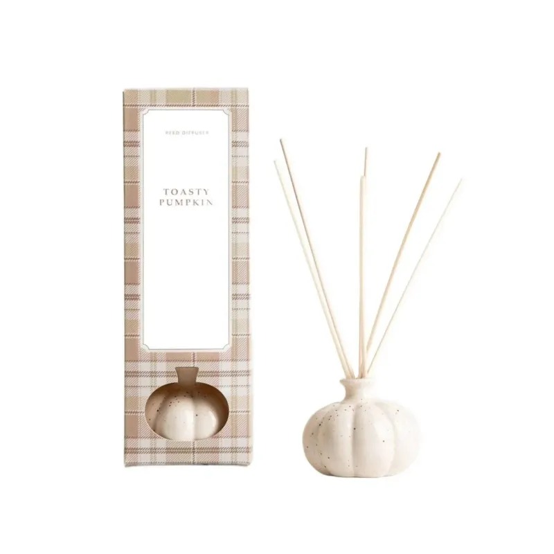 herbstlicher Raumduft in Kürbisform mit Stäbchen und stylischer Karierten Verpackung.