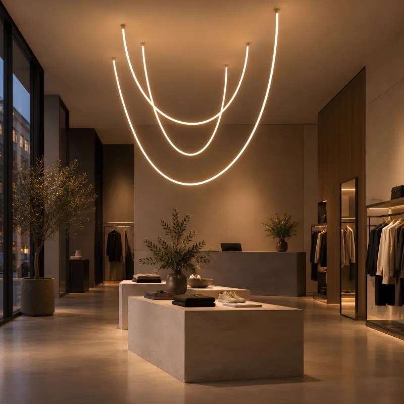 s.luce Arion LED Hänge- & Deckenlampe Licht-Schlauch in moderner Boutique mit eleganten Lichtbögen