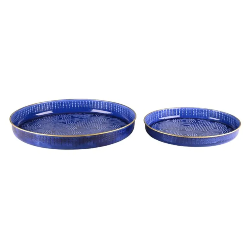 Rundes Tablett-Set in Blau mit Ornamentstruktur und goldfarbenem Rand