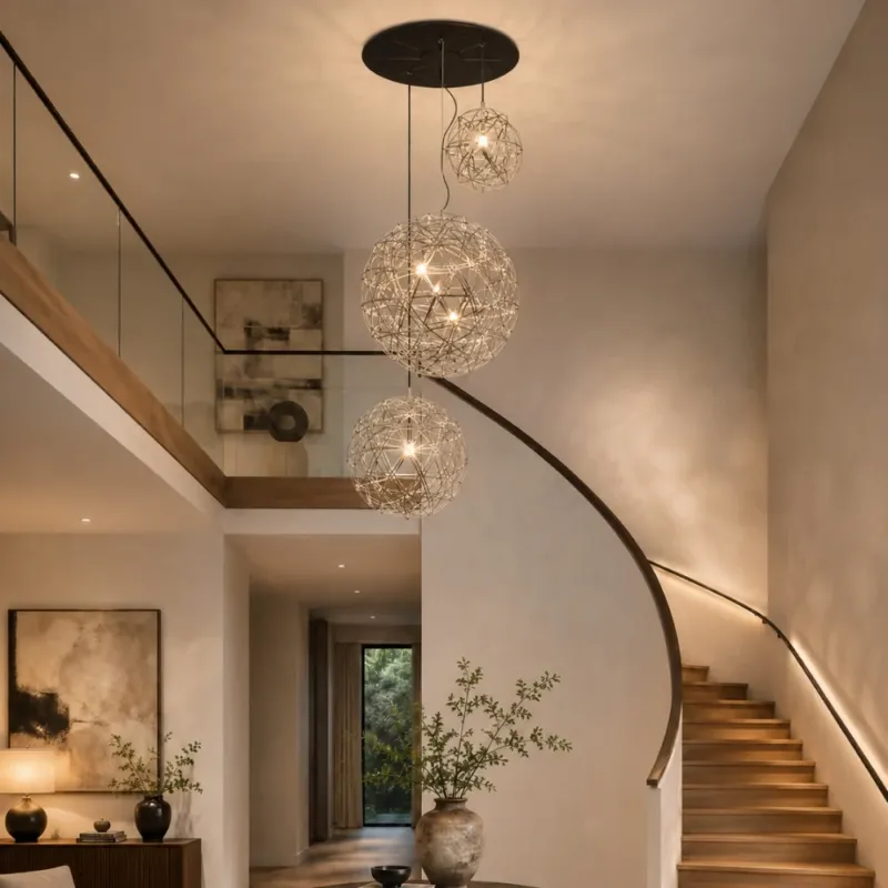 s.luce Atom XL Hängeleuchten-Kombination Modular moderne Design-Hängeleuchte im Treppenhaus