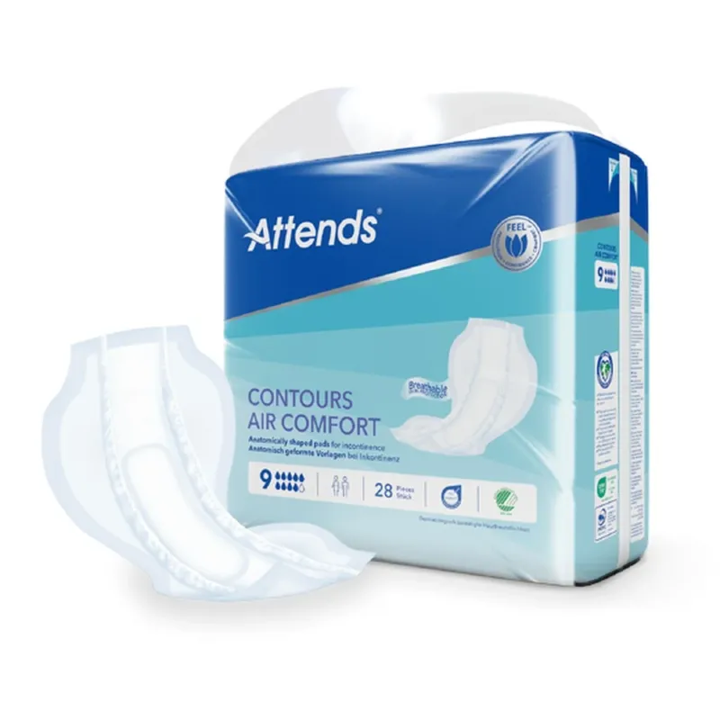 Attends Contours Air Comfort 9 Vorlagen, dargestellt in einer detaillierten Ansicht. Die Produktverpackung zeigt eine elegante, schlichte Gestaltung in Weiß und Blau. In der Mitte sind die Vorlagen deutlich abgebildet, die eine anatomische Form zeigen und für besonderen Komfort ausgelegt sind. Textinformationen auf der Verpackung heben Funktionen wie hohe Saugkraft und Atmungsaktivität hervor.