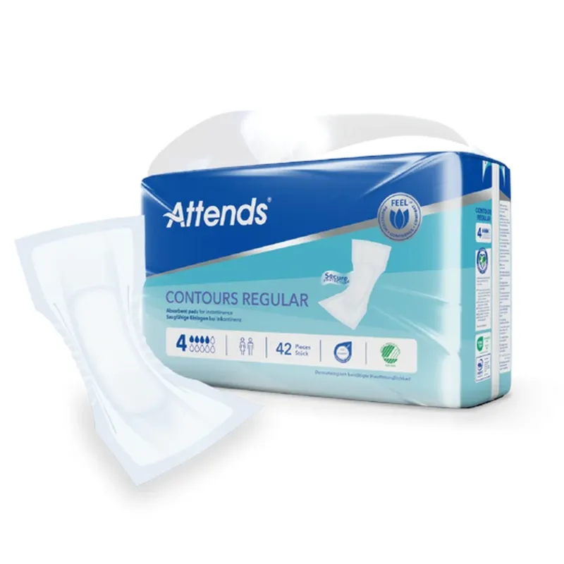 Ein Paket mit Attends Contours Regular 4 Inkontinenzprodukten. Das Produkt wird in einer transparenten Verpackung gezeigt, die im Hintergrund weich und neutral gehalten ist. Auf der Vorderseite sind der Markenname „Attends“ sowie die Produktbezeichnung „Contours Regular 4“ in klarer, gut lesbarer Schrift zu sehen. Das Design betont Komfort und Schutz.