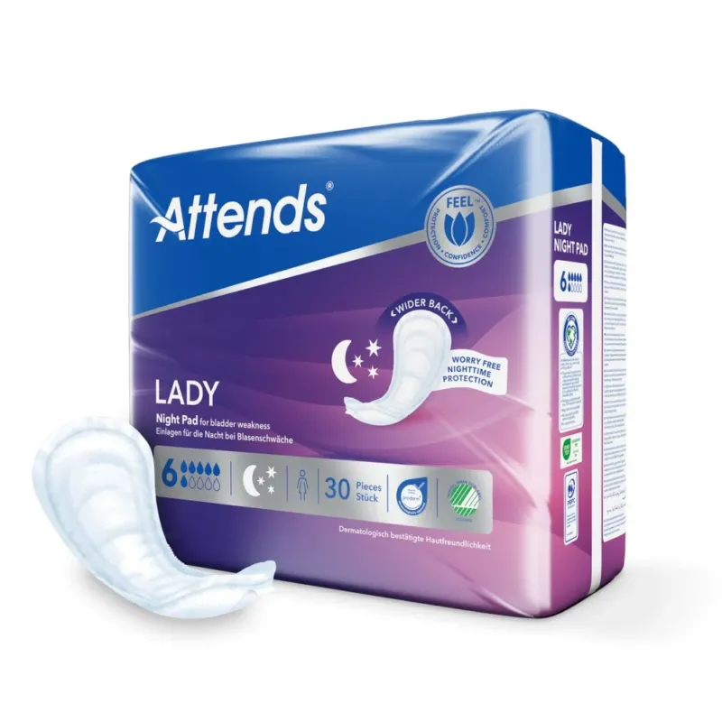 Auf dem Bild ist ein Paket mit Inkontinenzprodukten für Frauen zu sehen. Die Verpackung ist farbenfroh und enthält den Markennamen "Attends" sowie die Produktbezeichnung "Lady Night Pad". Die Pads sind speziell für die nächtliche Nutzung konzipiert und bieten zusätzlichen Schutz und Komfort. Auf der Verpackung sind sowohl Abbildungen der Pads als auch Hinweise zu deren Eigenschaften, wie hohe Saugfähigkeit und anatomische Form, sichtbar.