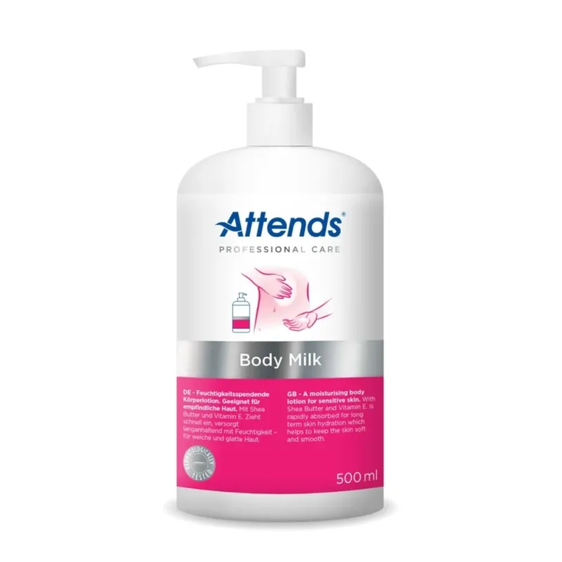 Flasche mit Attends Professional Care Body Milk, 500 ml. Die Verpackung ist in einem klaren, ergonomischen Design gehalten und besteht aus einem weißen Kunststoffmaterial. Der Flaschenkörper ist leicht glänzend, mit einem Pumpkopf, der den Benutzerkomfort erhöht. Auf dem Etikett sind elegante, blaue und grüne Schriftzüge sowie Grafiken zu sehen, die die pflegenden Eigenschaften des Produkts betonen.
