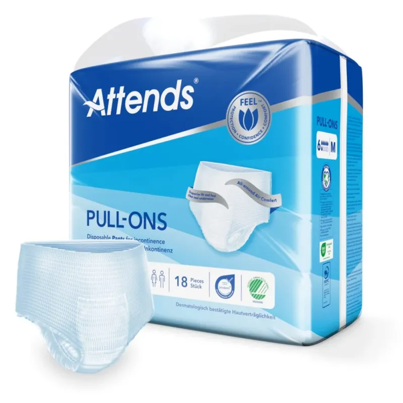 Helle Verpackung mit dem Produkt "Attends Pull-Ons" in der Größe M, ideal für Erwachsene mit Inkontinenz. Das Design zeigt einen stilisierten blau-weißen Hintergrund, der frisch und modern wirkt. Auf der Vorderseite sind die Begriffe „6 Tropfen“ und „Pull-Ons“ deutlich abgebildet, um auf die hohe Saugfähigkeit und die einfache Handhabung hinzuweisen. Das Produkt selbst scheint in der Packung gut geschützt und ist für eine bequeme Passform entworfen.