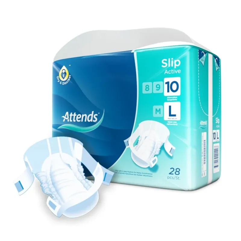 Ein Paket mit Attends Slip Active 10, Größe L, präsentiert auf einem neutralen Hintergrund. Das Paket zeigt ein ansprechendes Design mit einem blau-weißen Farbschema und dem Produktnamen gut lesbar oben. Auf der Vorderseite sind Informationen zu den Attributen des Produkts abgebildet, darunter Saugstärke und besondere Merkmale. Das Bild vermittelt einen Eindruck von Hygiene und Pflege.