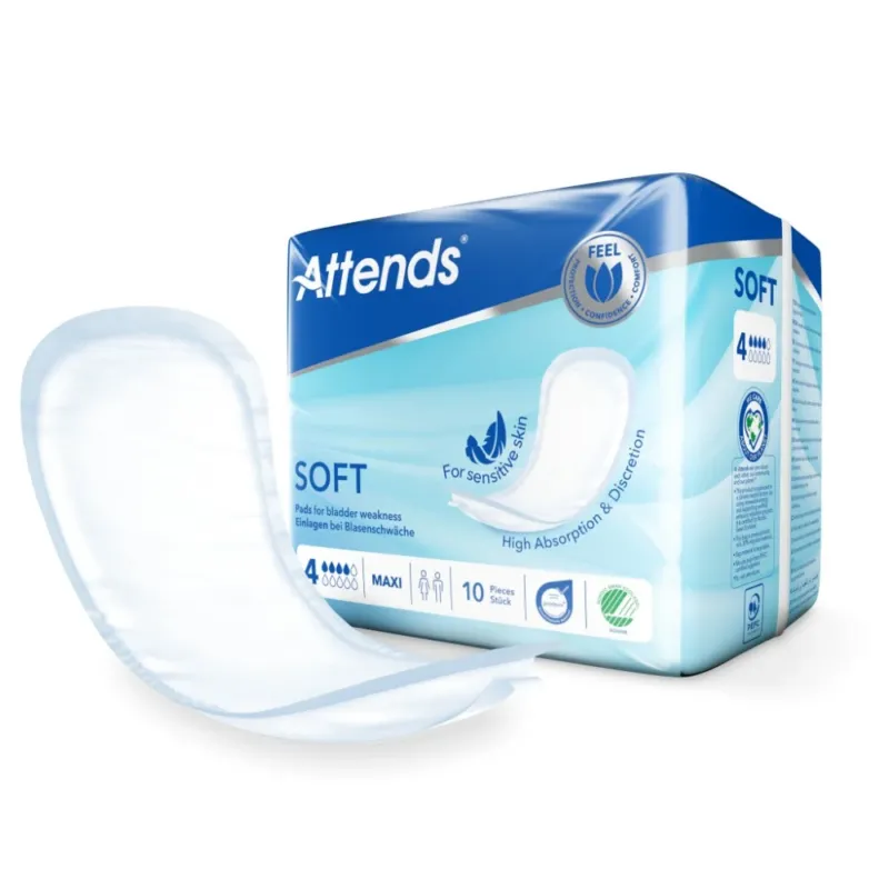 Produktbild einer Packung mit zehn Attends Soft 4 Maxi Einlagen. Die Einlagen sind in einem Waschbären-freundlichen Design dargestellt, das auf der Vorderseite der Verpackung sichtbar ist. Die Packung zeigt das Attends-Logo sowie Informationen zu den Eigenschaften der Einlagen, wie saugfähige und atmungsaktive Materialien. Die Einlagen sind für den Gebrauch bei Inkontinenz konzipiert und fördern ein Gefühl von Frische und Trockenheit.