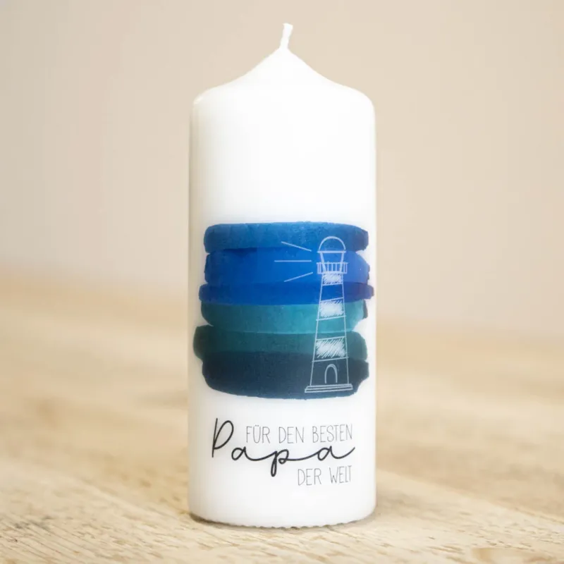 Vatertag Kerze Leuchtturm vor maritimem Aquarell für den besten Papa