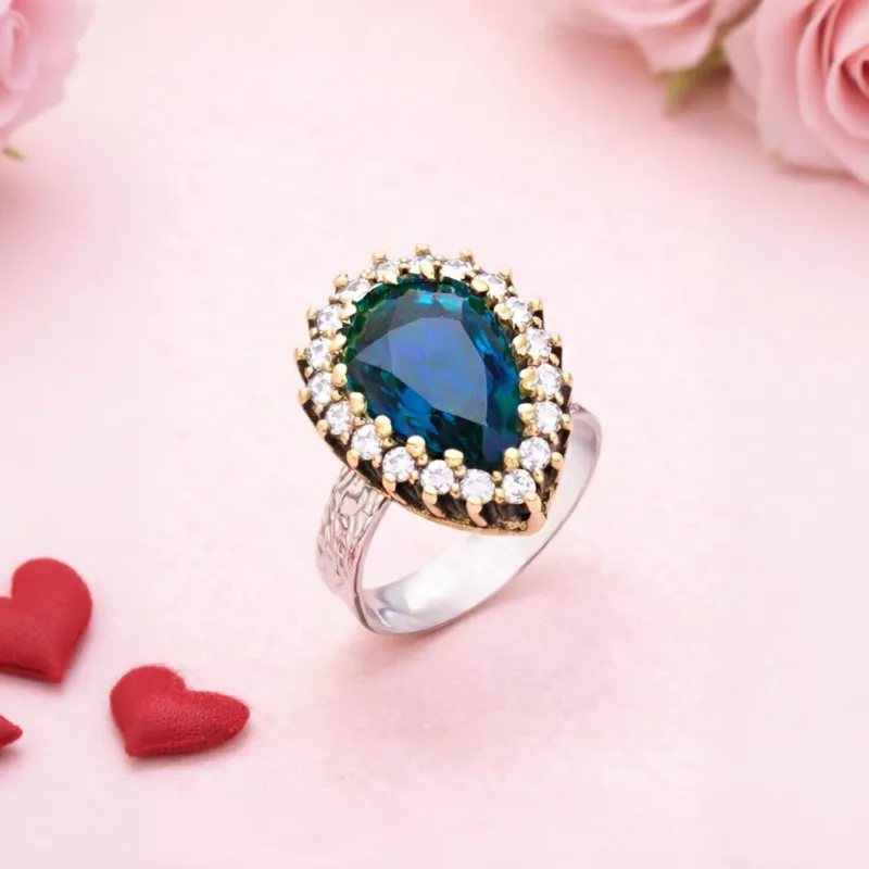Beyisa Blue Sapphire Hürrem Sultan Adjustable Women's Ring 925 Sterling Silver - Exporgin | Türkiye Comes to You