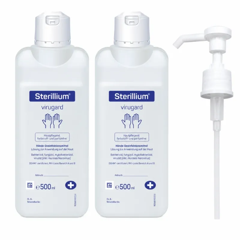 Zwei Sterillium Virugard 500-ml-Flaschen mit separater weißer Dosierpumpe auf weißem Hintergrund, sauber und klar präsentiert.