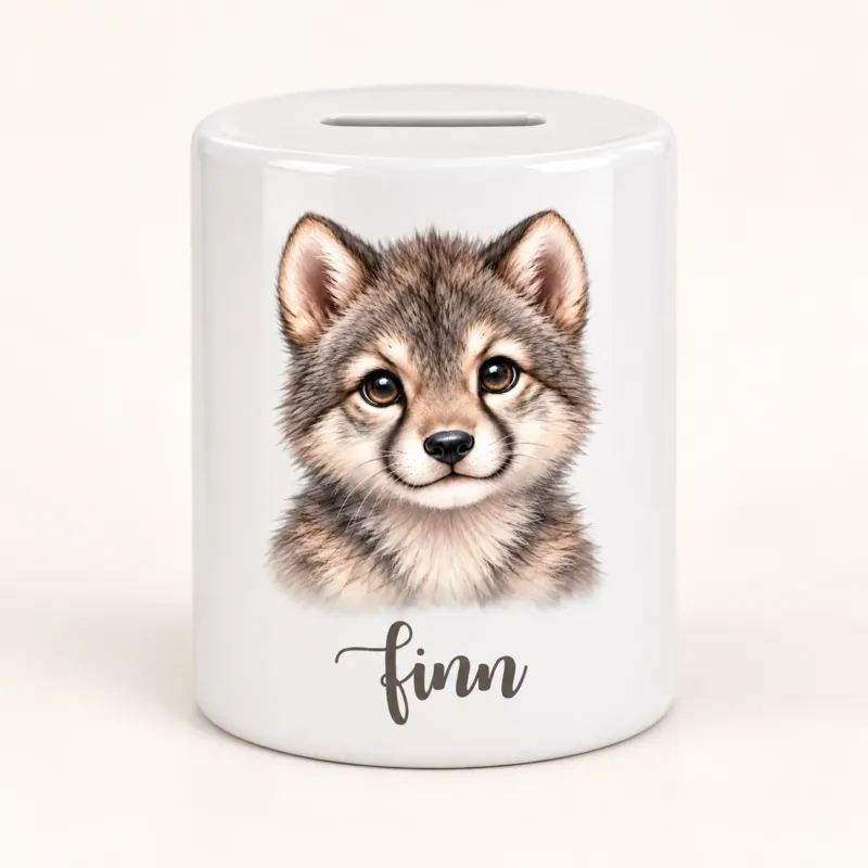Spardose Wolf mit Beispielname Finn: Vorderseite