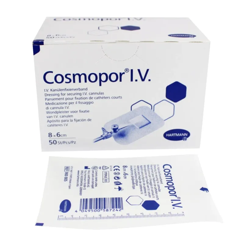 Kartonverpackung und Einzelverpackung des Cosmopor® I.V. Pflasters nebeneinander dargestellt.