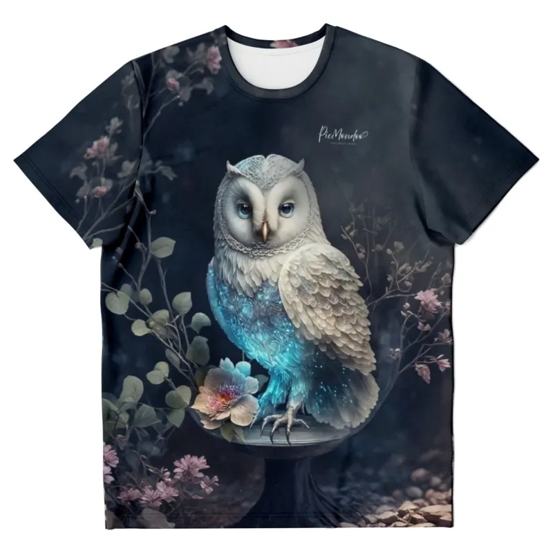 Schwarzes T-Shirt mit leuchtender weißer Eule, ideal für Diamond Painting und Malen nach Zahlen Fans.