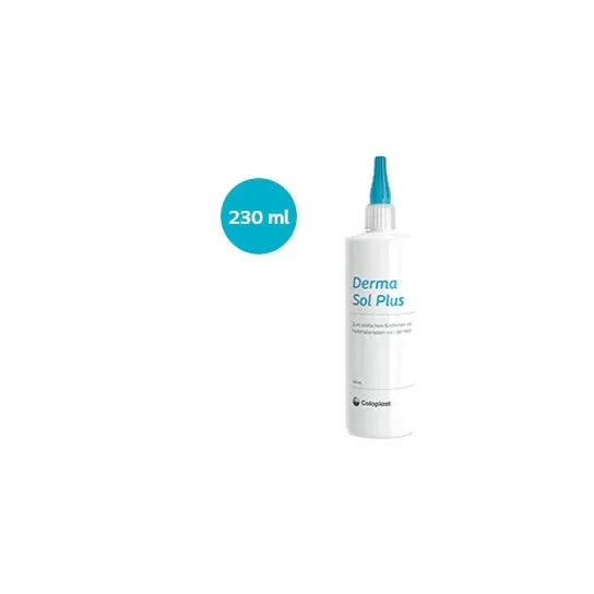 Das Produktbild zeigt eine Flasche mit 230 ml des Derma Sol Plus, einem Hautpflegespray von Coloplast. Die Flasche hat einen weißen, leicht gebogenen Körper mit einem praktischen Sprühkopf in der Mitte. Auf dem Etikett sind die Produktbezeichnung „Derma Sol Plus“ sowie wichtige Informationen zur Anwendung in klaren, gut lesbaren Schriftzügen abgedruckt. Der Hintergrund ist neutral gehalten, sodass die Flasche im Fokus steht, was die einfache Handhabung und den Pflegecharakter des Produkts betont.