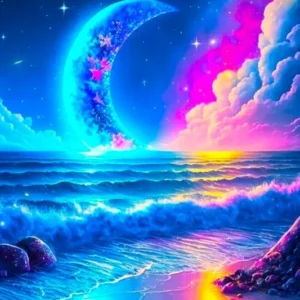 Diamond Painting Strand im Mondschein mit bunten AB-Steinen, Fantasie-Landschaft mit leuchtendem Mondsichel am Sternenhimmel