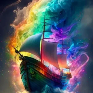 Diamond Painting Set Fantasy-Schiff in buntem Meer mit leuchtenden Farben, eckigen Steinen und Wolken-Detail.