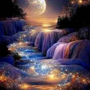 XXL Diamond Painting einer magischen Wasserfall-Landschaft mit Mondschein und funkelnden Steinen im Fantasy-Stil