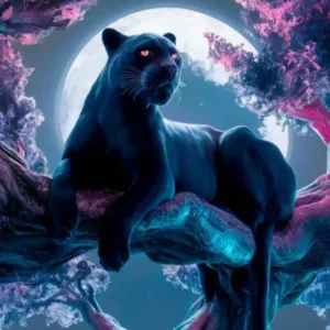 Diamond Painting Set eines schwarzen Panthers auf einem Baum vor Kirschblüten und Vollmond in leuchtenden Farben