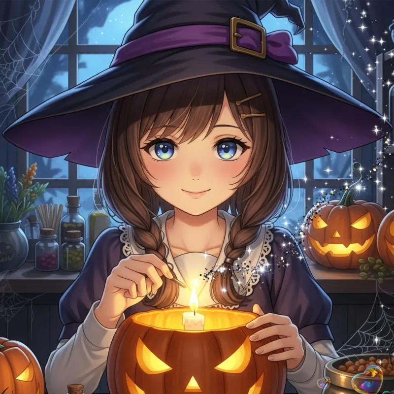 Diamond Painting Little Sabrina als süße Hexe mit glitzerndem Kürbis und Zauberhut für Halloween-Fans