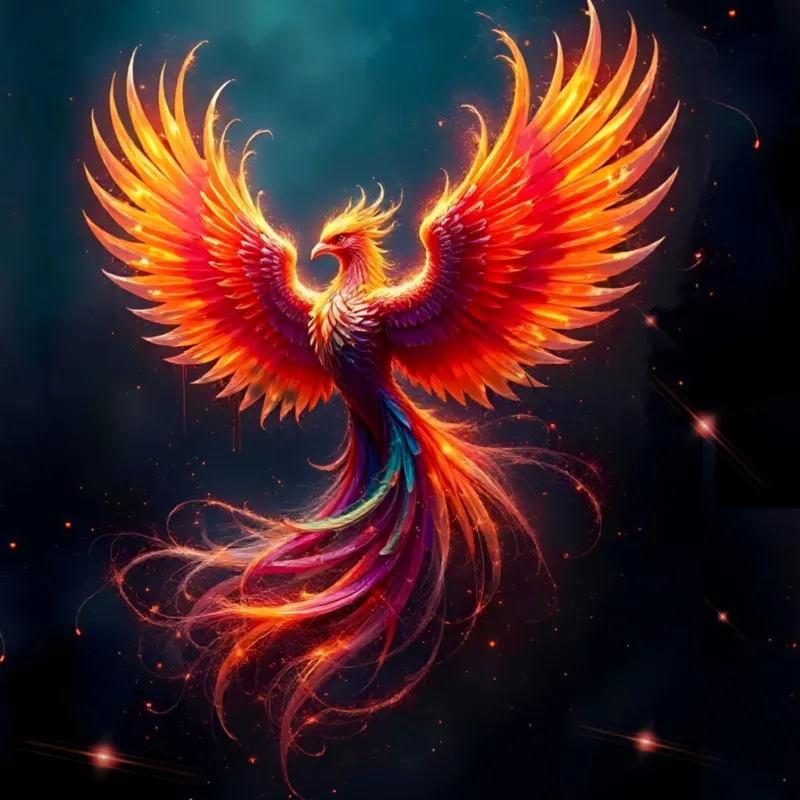 Diamond Painting Set Sparkle Phönix mit buntem, leuchtendem Vogel auf dunklem Hintergrund für ein magisches DIY-Erlebnis.