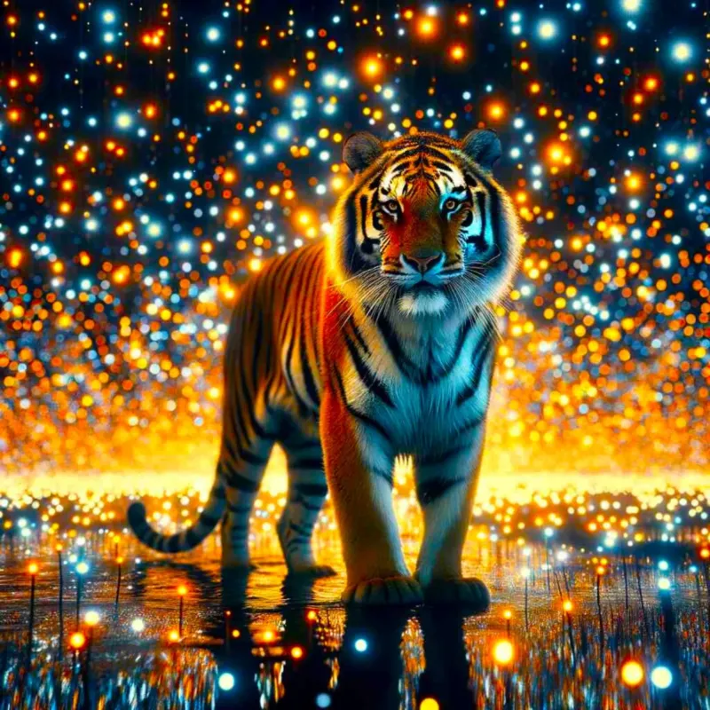 Diamond Painting Sternenwächter: Majestätischer Tiger vor funkelndem Sternenhimmel mit farbenprächtigen Glitzersteinen