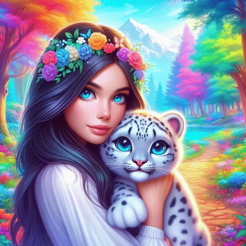 Diamond Painting Set Amira's Paradies: Mädchen mit Blumenkranz und kleinem Leopard in bunter Fantasy-Landschaft