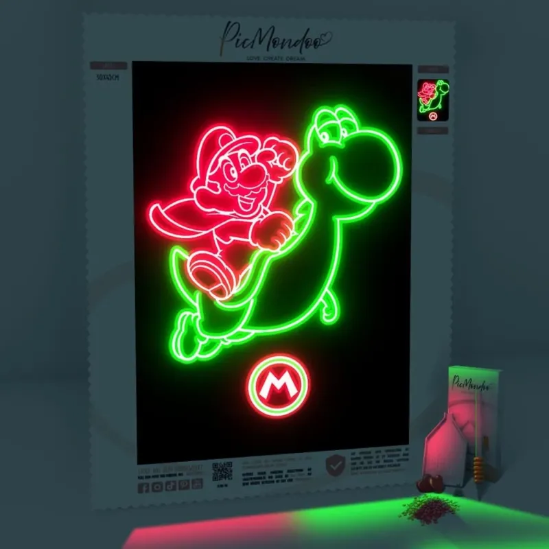 Diamond Painting Leuchtbild Mario und Yoshi als glühendes Neon-Design für Gaming-Fans mit leuchtenden Steinen