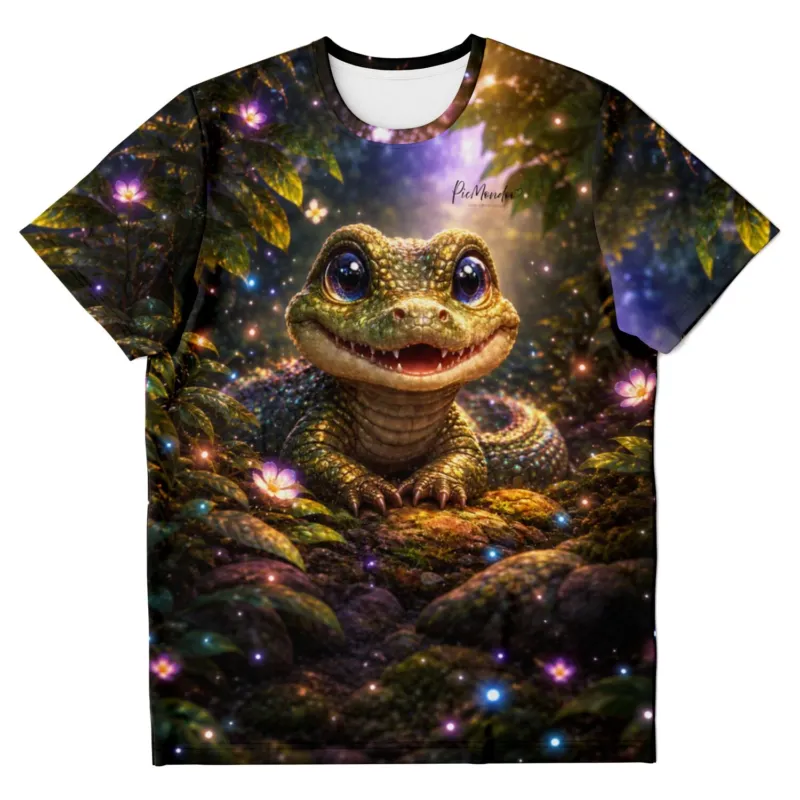 T-Shirt mit süßem Krokodil-Motiv, inspiriert von Diamond Painting Kunstwerken mit magischem Wald-Design.