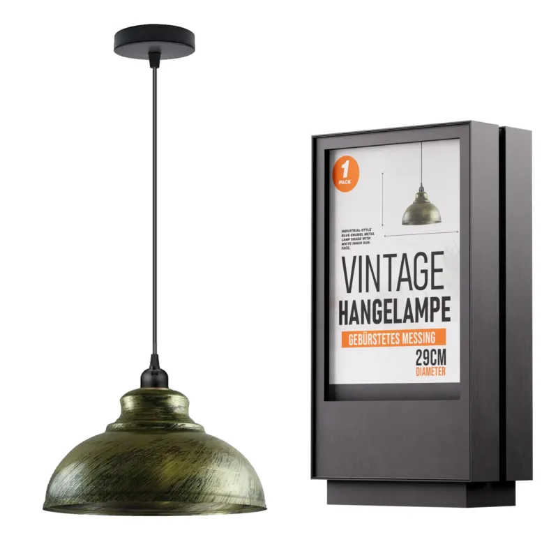 Vintage Loft Pendelleuchte aus Metall, Retro-Stil, E27-Fassung, gebürstetes Messing, höhenverstellbares Kabel, ideal für Wohnzimmer, Café, Bar oder Restaurant.